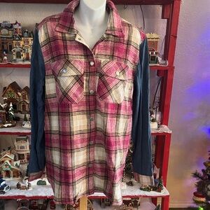 Umgee Pink Plaid Jacket with Blue Sleeves